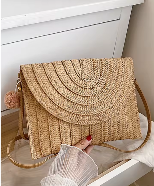 Handwoven Envelope Clutch & Crossbody Bag with Boho Pom Detail - Image 2