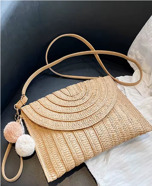 Handwoven Envelope Clutch & Crossbody Bag with Boho Pom Detail - Image 3